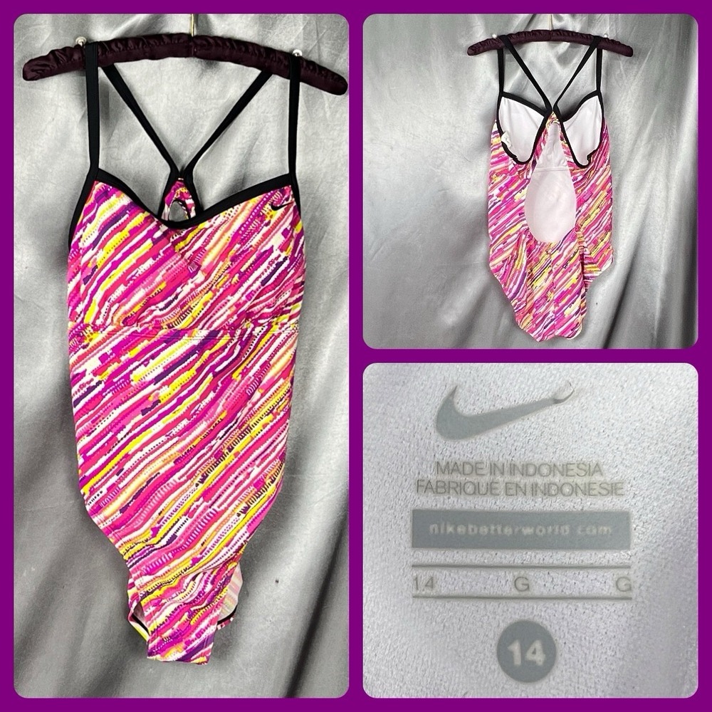 Vintage Nike Colorful Geometric One Piece Swimsuit Open Back Pink Yellow Sz‎ 14